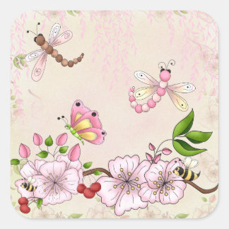 Dragonfly roze kersenbloesem verhaal illustratie vierkante sticker