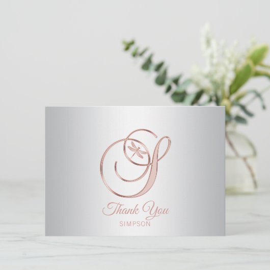 Dragonfly Silver Grey Roos Gold Dank u | S Bedankkaart (Staand voorkant)