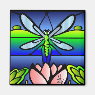 Dragonfly Tiffany Style Square Magnet Magneet