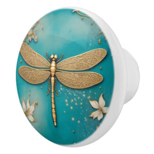 Dragonfly Turquoise Blauwgroen & Goud Faux Relief Keramische Knop
