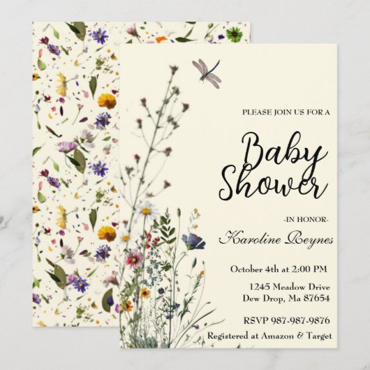 Dragonfly Wildflower Boho Baby shower Kaart (Voorkant / Achterkant)
