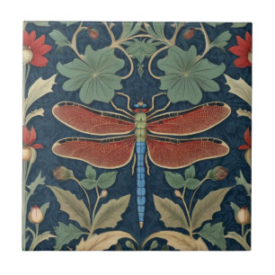 Dragonfly William Morris stijl Blauw & Rood Bloeme Tegeltje