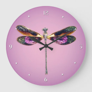 Dragonfly - zilver, goud, paars en zwart grote klok