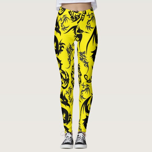 Dragons outline pattern 05.b.DOLP01. Yellow BG Leggings (Voorkant)