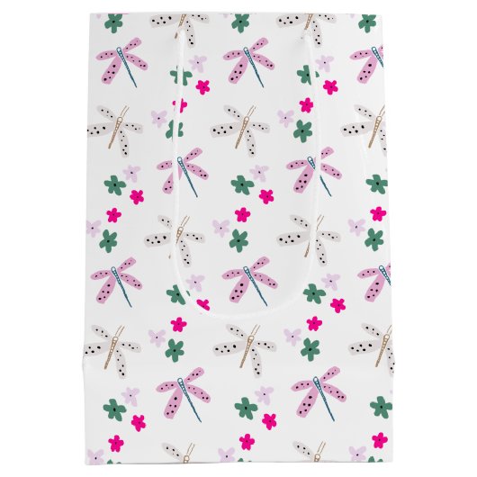 Dragonvliegen en bloemen op wit medium cadeauzakje (Achterkant)