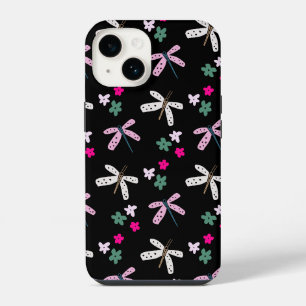 Dragonvliegen en bloemen op zwart iPhone 14 hoesje