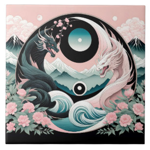 Draken Bloemen Berg Roze Sage Blauwgroen Tegeltje