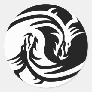 Draken stickers, zwart-wit, in en yang ronde sticker