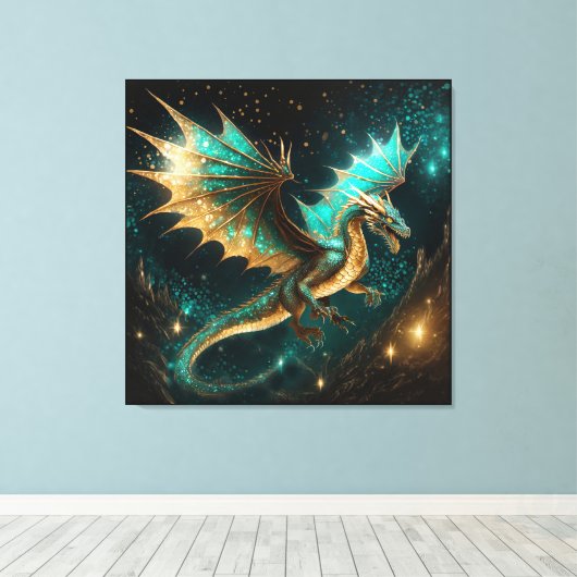 Draken zijn echt Blauwgroen goud ID1005 Canvas Afdruk (Insitu (Houten vloer))