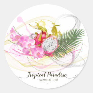 Drakenfruit en roze orchidee tropische kalligrafie ronde sticker