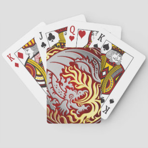 Drakenkring - Chroom met goud vuur op rood Pokerkaarten