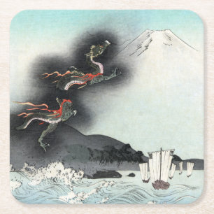 Drakenwoede Zeeslag om de Mount Fuji, Japan Vierkante Kartonnen Onderzetter