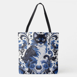 Dramatic Blue Art Deco Cat Large Shoulder Tote Draagtas