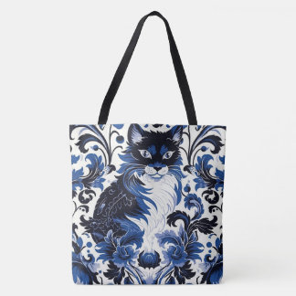 Dramatic Blue Art Deco Cat Large Shoulder Tote Draagtas