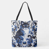 Dramatic Blue Art Deco Cat Large Shoulder Tote Draagtas (Achterkant)