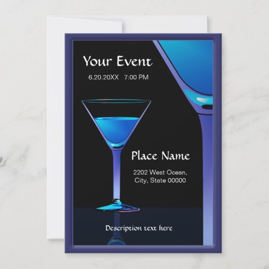 Dramatic Blue Martini Cocktails Invitation Kaart (Voorkant)
