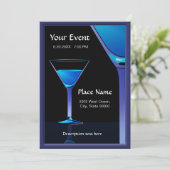 Dramatic Blue Martini Cocktails Invitation Kaart (Staand voorkant)