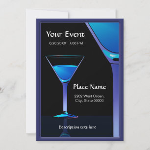 Dramatic Blue Martini Cocktails Invitation Kaart