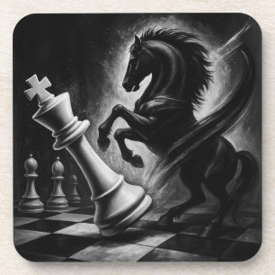 Dramatisch zwart paard vs. koning – gedurfd schaak bier onderzetter