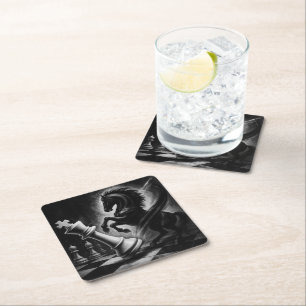 Dramatisch zwart paard vs. koning – gedurfd schaak vierkante kartonnen onderzetter