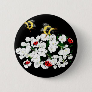Dramatische bijenladybugs en witte bloemen op zwar ronde button 5,7 cm