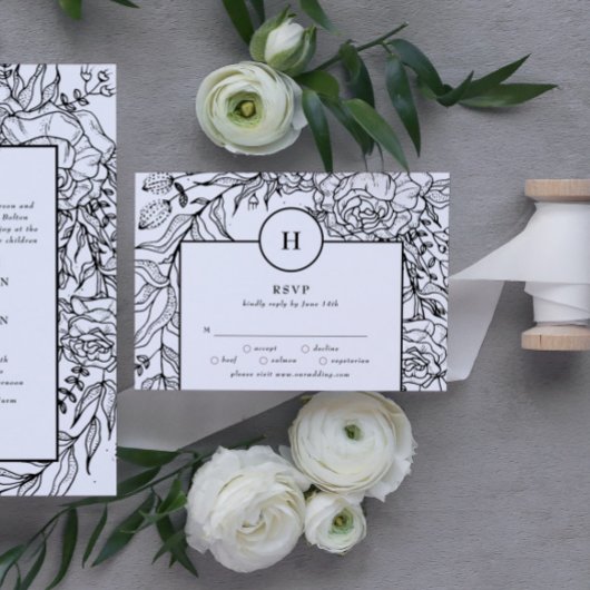 Dramatische Black Monogram Wreath Wedding RSVP Kaartje