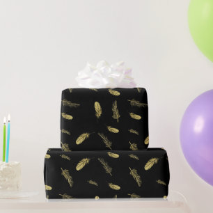 Dramatische Boho Golden Feathers Black Cadeaupapier