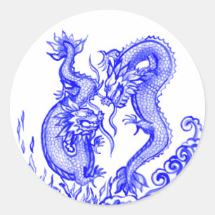 Dramatische dragons Blue White Water Fire Asian Ronde Sticker