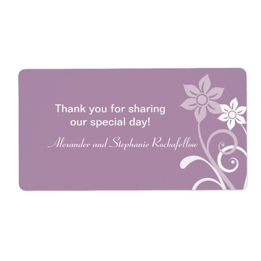 Dramatische Floral Swirls Wedding Labels, Paars Etiket (Voorkant)