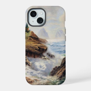 Dramatische golven slaan op een rotsachtige kust iPhone 15 hoesje
