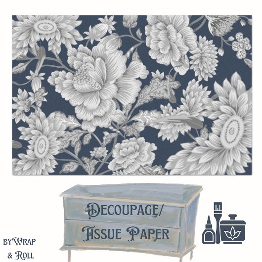Dramatische Grote Florals Dusty Grey op de diepzee Tissuepapier