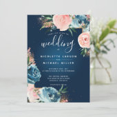 Dramatische Navy Blue en Blush Bloemen Boho Glitte Kaart (Staand voorkant)