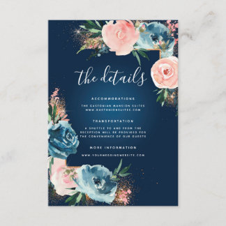 Dramatische Navy Blue en Blush Floral Boho Glitter Informatiekaartje