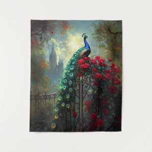 Dramatische Peacock Red Roses Gothic Wandkleed