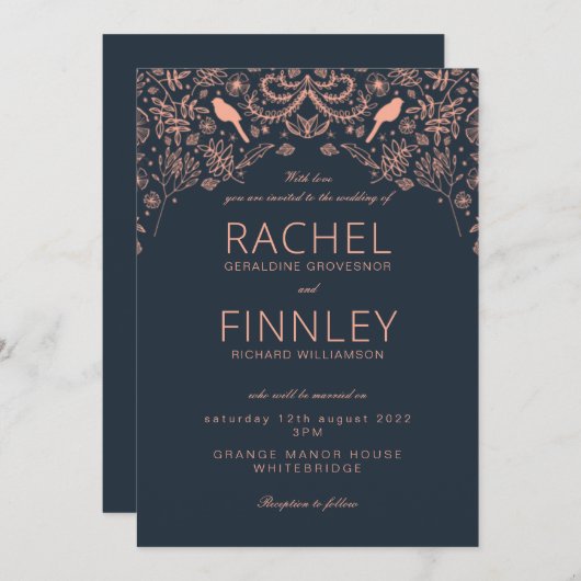 Dramatische trouwuitnodiging navy en koraal kaart (Voorkant / Achterkant)