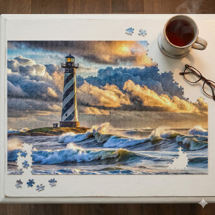 Dramatische Vuurtoren Zeegezicht met Stormachtige  Legpuzzel