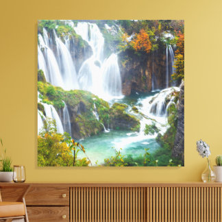 Dramatische waterval trapsgewijs water herfstkleur canvas afdruk