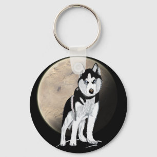 Dramatische zwart-witte husky tegen volle maan sleutelhanger