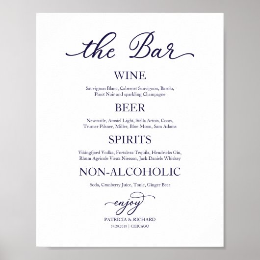 Drankenbar Navy Blue Calligrafie Trouw Teken Poster (Voorkant)