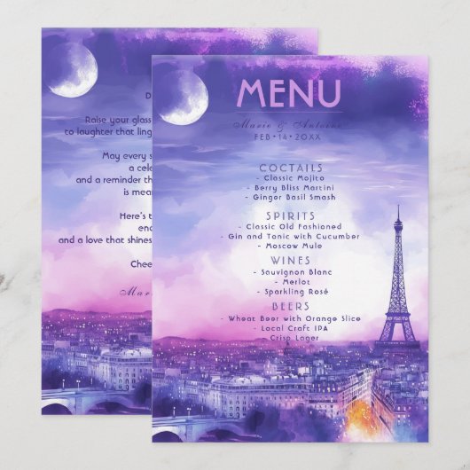 DRANKJES + mooie tekst Amour Éternel Menu (Voorkant / Achterkant)