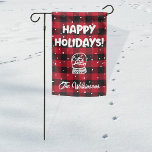 Drapeau De Jardin Red Buffalo Plaid Happy Holidays Snowglobe<br><div class="desc">Personalize this cheery Happy Holidays garden flag with your name and wish guests and passersby a happy season! Design is the same on both sides.</div>