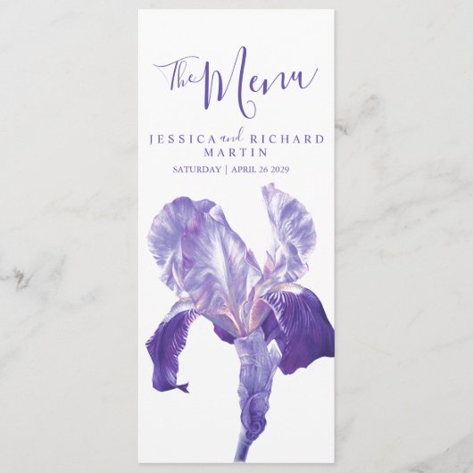 Drapeau iris fleurs violettes menu mariage (Devant)