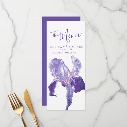 Drapeau iris fleurs violettes menu mariage (Devant/Arrière en situation)