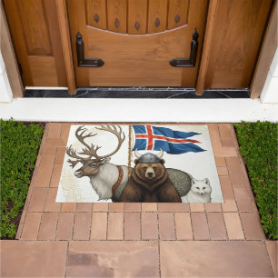 Drapeau Islande, tapis d'art vif, rennes, renard,