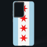 Drapeau Samsung Galaxy S21 Ultra Coque de Chicago<br><div class="desc">Levez votre Samsung Galaxy S21 Ultra avec notre couverture téléphonique exclusive avec le drapeau de Chicago! Réalisée avec précision, cette couverture affiche fièrement les éléments emblématiques du drapeau de Chicago. Quatre étoiles rouges représentant des événements historiques : Fort Dearborn, le Grand feu de Chicago, l'Exposition Columbie du Monde et l'Exposition...</div>