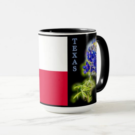 Drapeau Texas avec Bluebonnets sur noir, Mug (Devant droit)