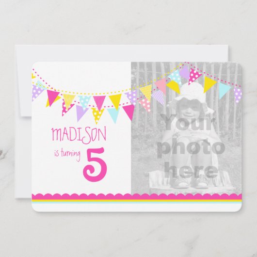 Drapeaux colorés filles 5e anniversaire invitation (Devant)