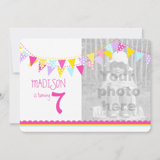 Drapeaux colorés filles 7e anniversaire invitation (Devant)