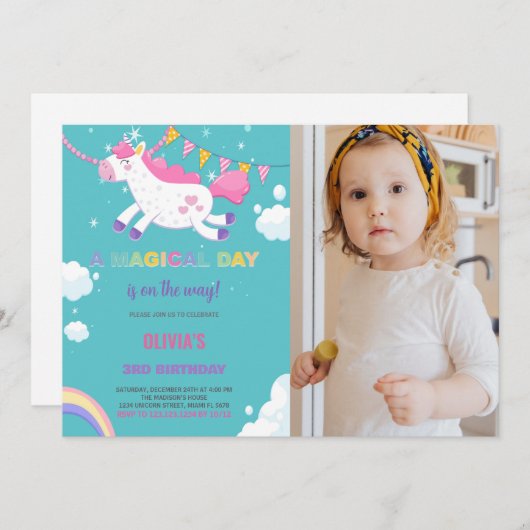 Drapeaux jaunes Unicorn Anniversaire Invitations a (Devant / Derrière)