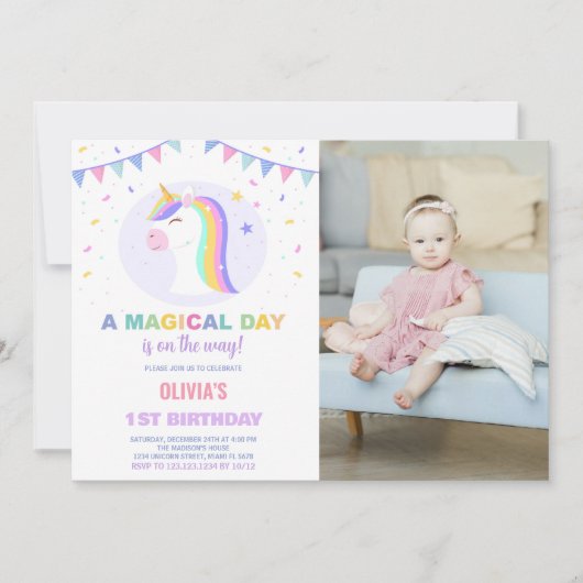 Drapeaux Unicorn Invitations d'anniversaire avec p (Devant)